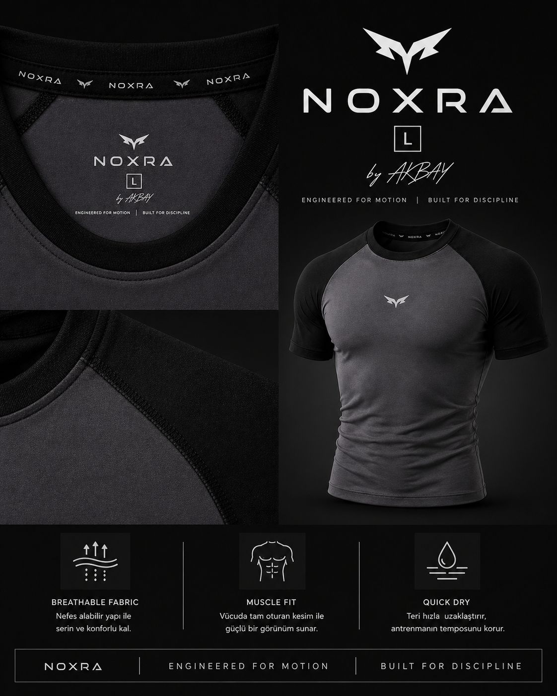 NOXRA Premium Compression Gym & Fitness Tişört FÜME