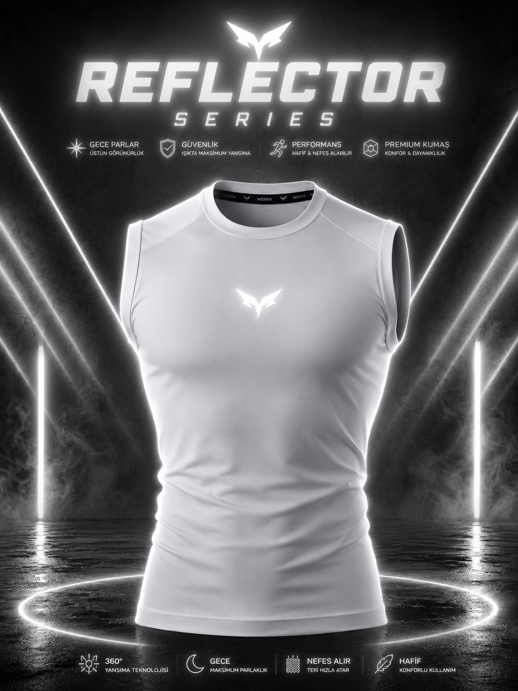 NOXRA Reflektör Atlet - Işıkta Parlayan Reflektif Logo, Compression Fit Sporcu Atleti