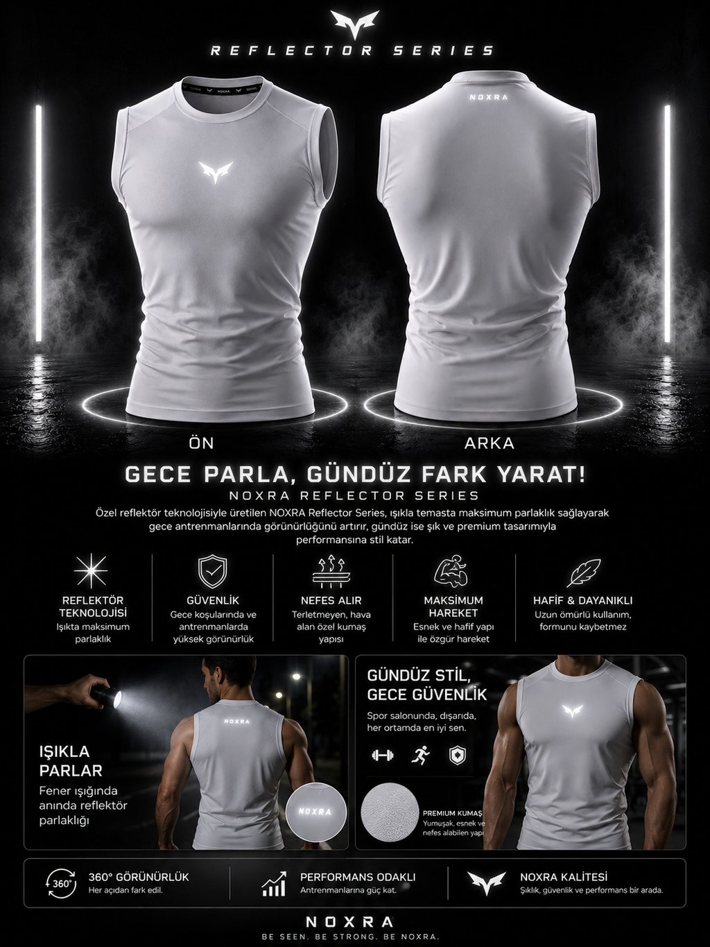 NOXRA Reflektör Atlet - Işıkta Parlayan Reflektif Logo, Compression Fit Sporcu Atleti