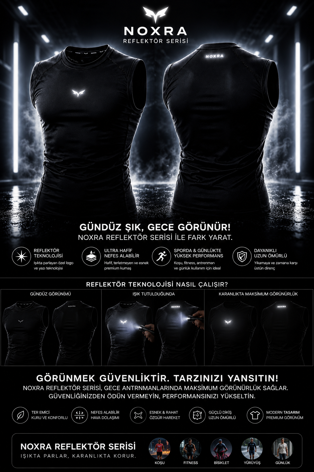 NOXRA Reflective Series | Premium Compression Gym & Fitness Sıfır Kol Atlet