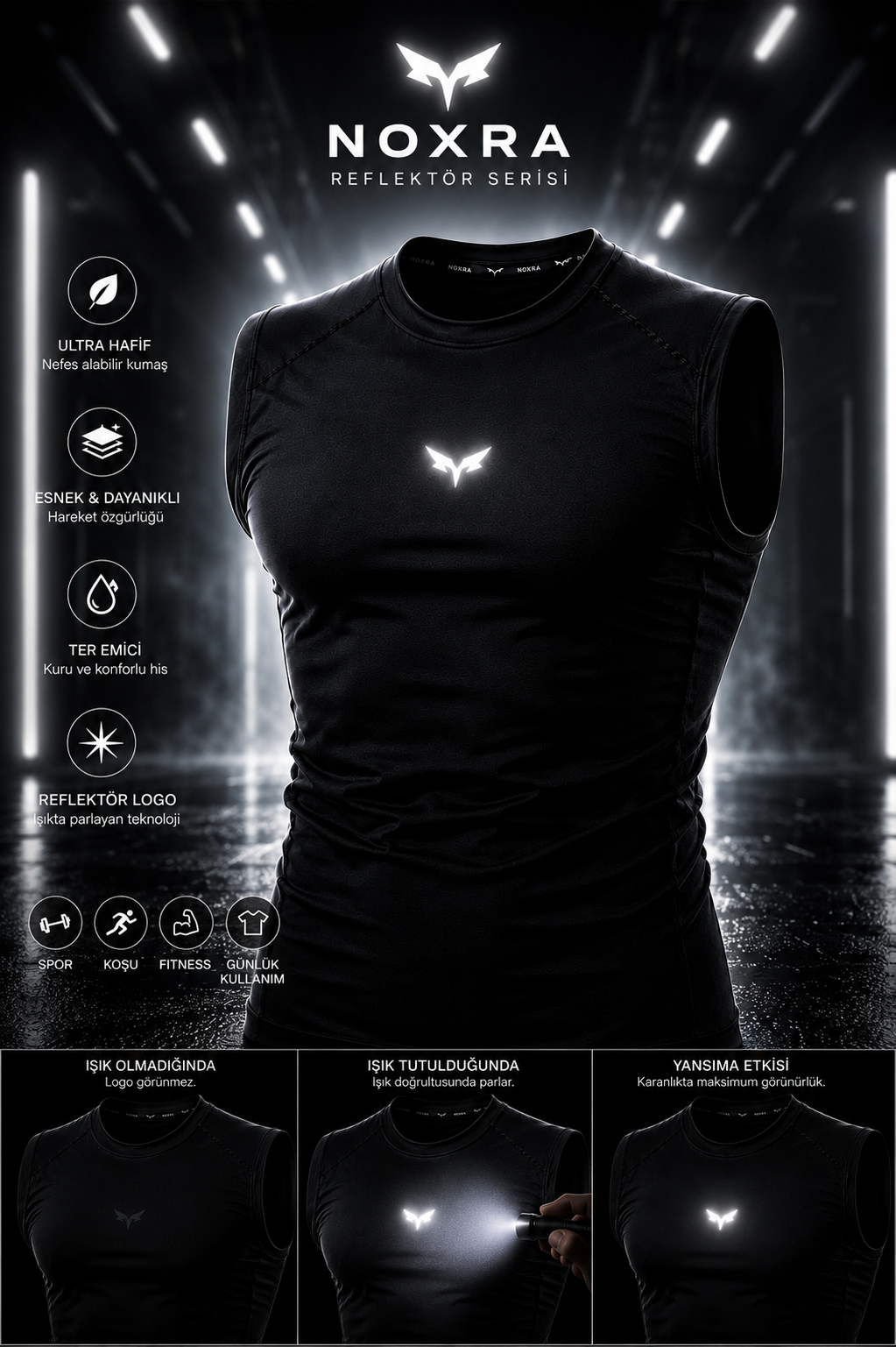 NOXRA Reflective Series | Premium Compression Gym & Fitness Sıfır Kol Atlet