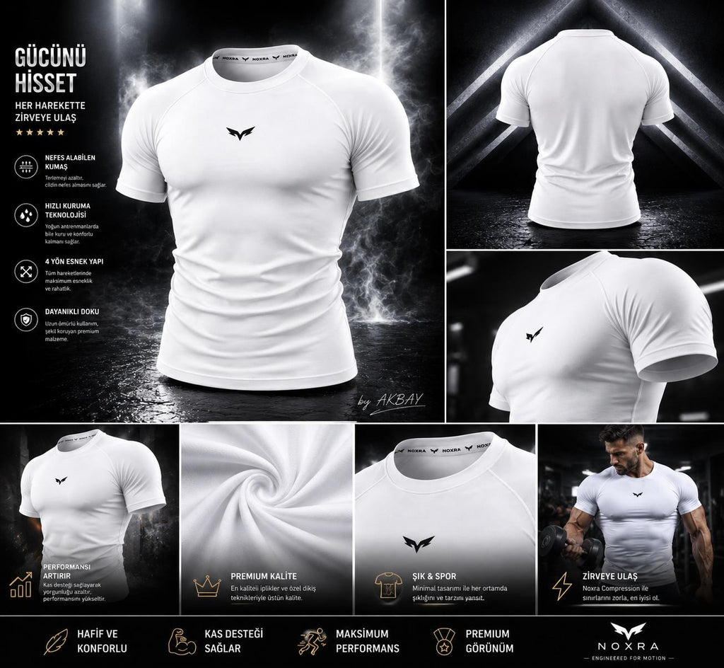 NOXRA Premium Compression Gym & Fitness Tişört TREND BEYAZ