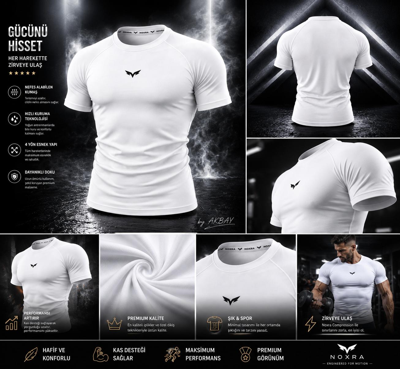 NOXRA Premium Compression Gym & Fitness Tişört TREND BEYAZ