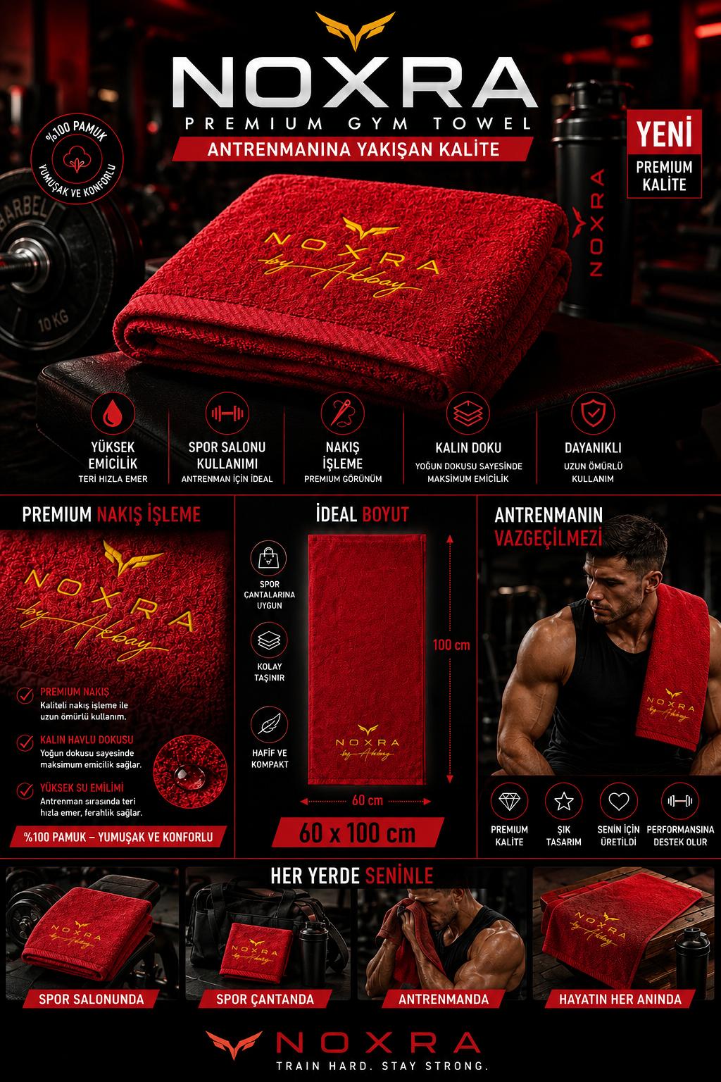 NOXRA Kırmızı Spor Havlusu 30×100 cm | Fitness, Gym ve Antrenman Havlusu